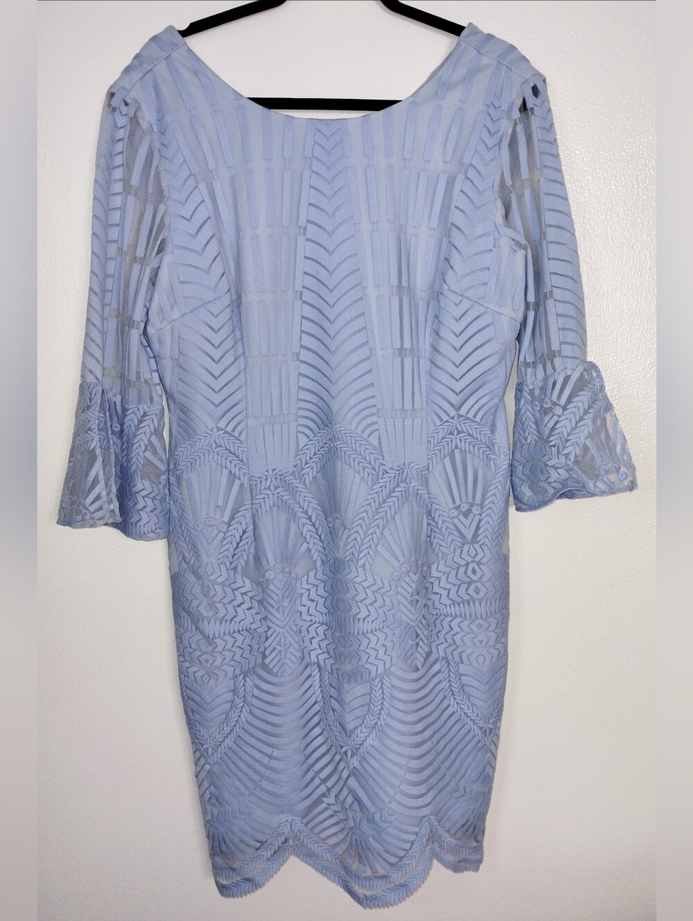Light Blue Lace Shift Dress with Bell Sleeves